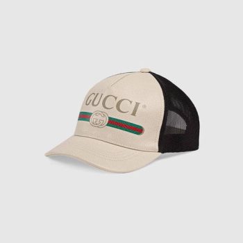 GUCCI PRINT LEATHER BASEBALL CAP WHITE
